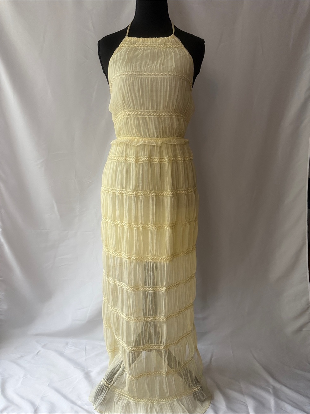 Light Yellow Whimsical Fairy Chiffon Halter Maxi Dress - NWOT Sz XS